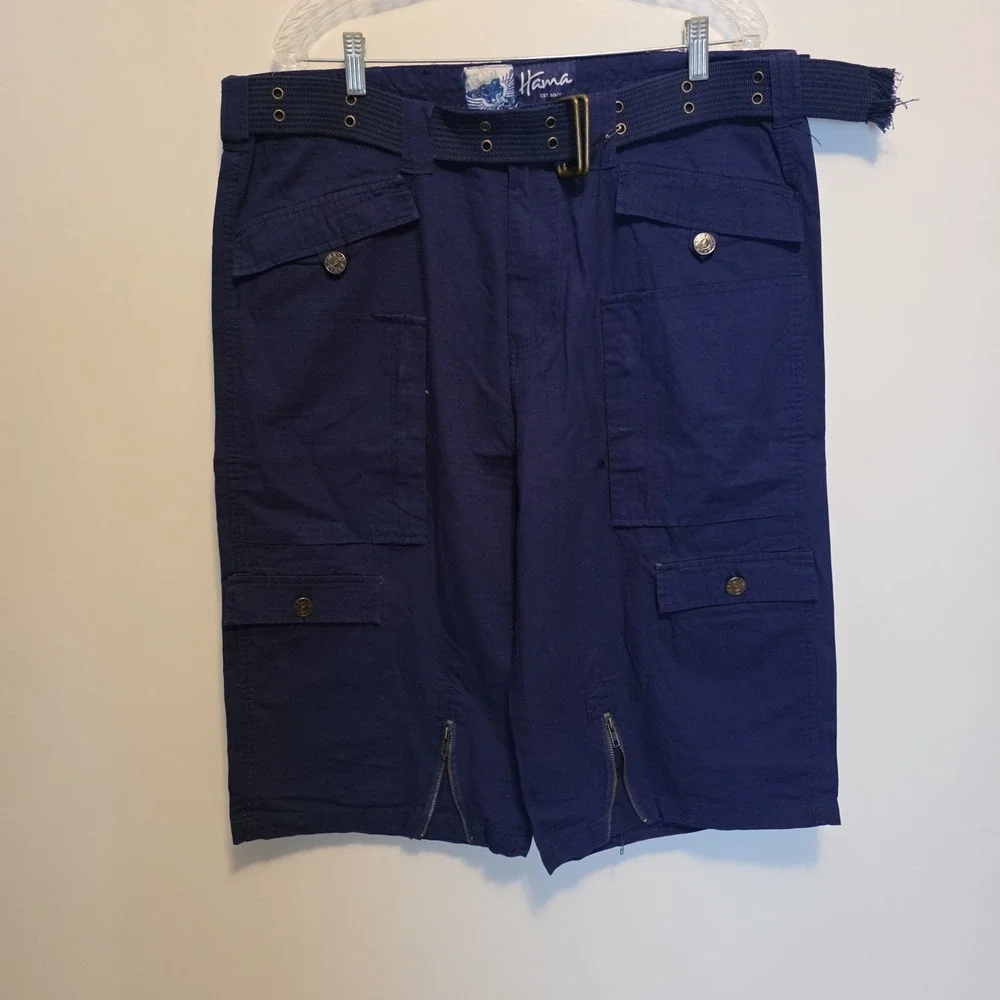 Vintage Hama Cargo Shorts Skater Baggy Combat Navy Blue Belted 36/17 NEW NWOT